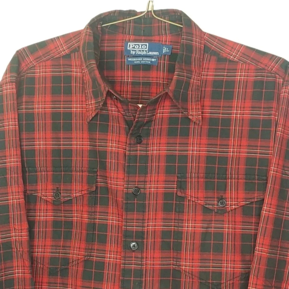 Polo Ralph Lauren Woodsman Workshirt Large Red Plaid Woven Cotton Button Vtg 90s